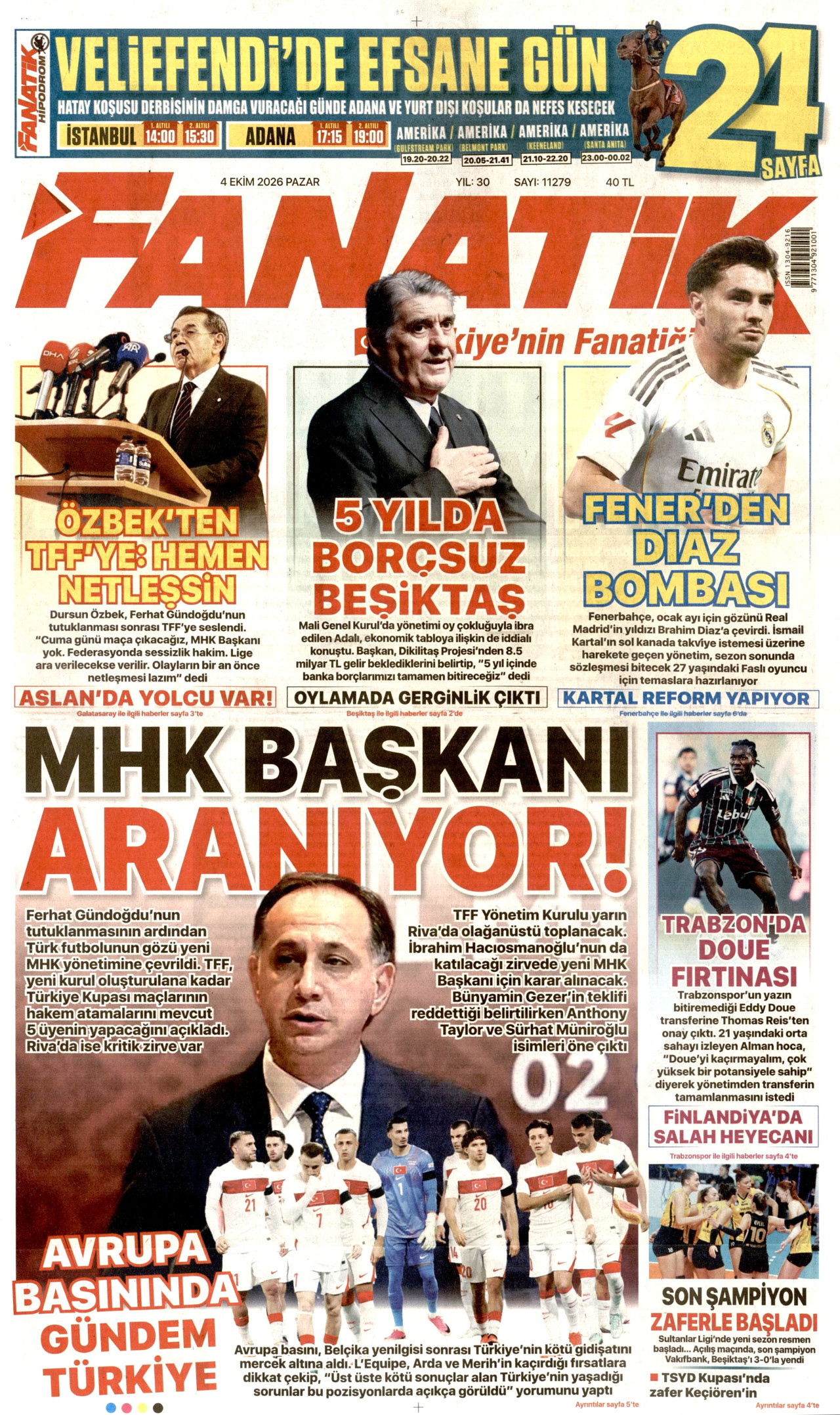 FANATİK gazetesinin 4 Ekim 2026 tarihli birinci sayfası