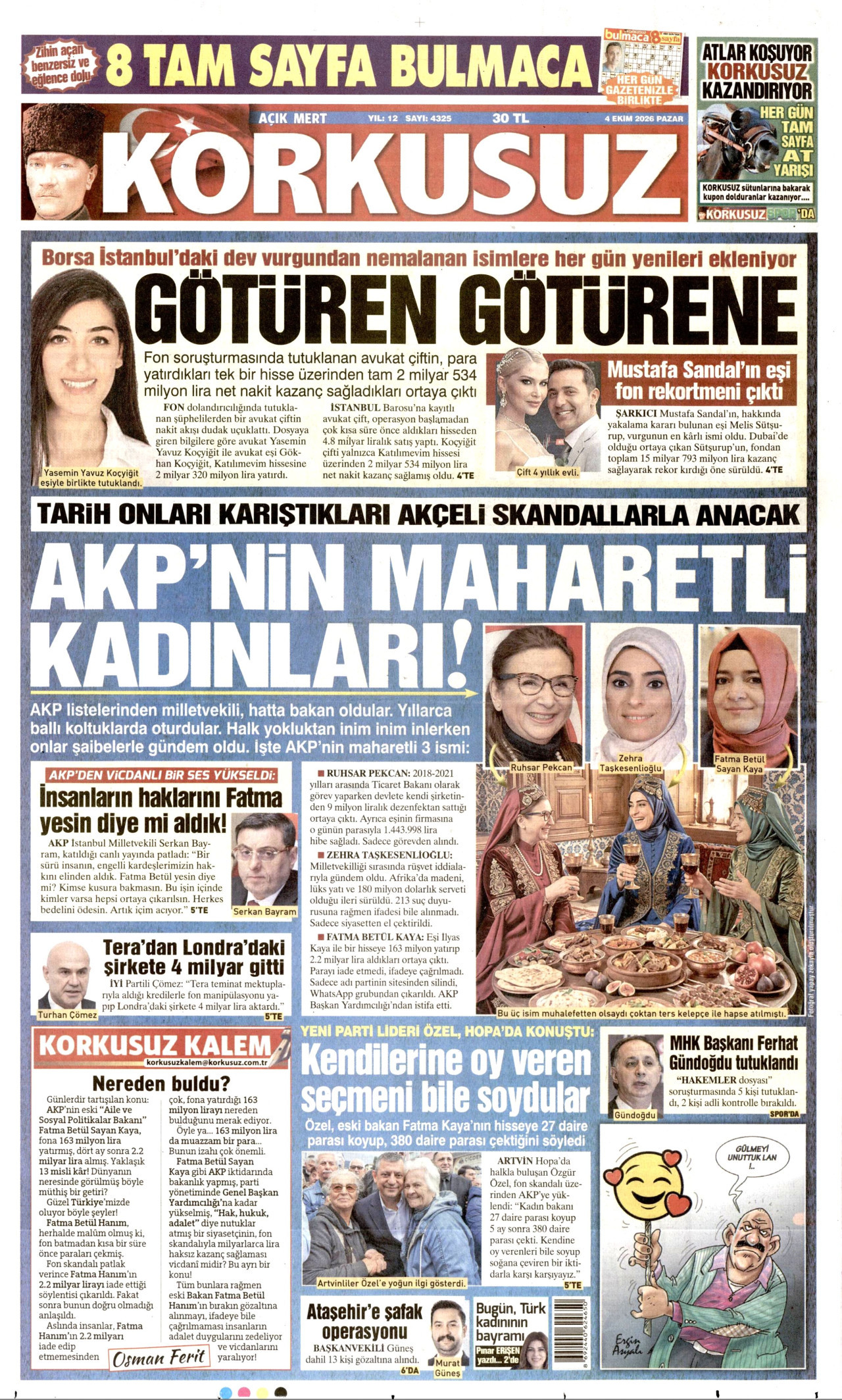 KORKUSUZ gazetesinin 4 Ekim 2026 tarihli birinci sayfası
