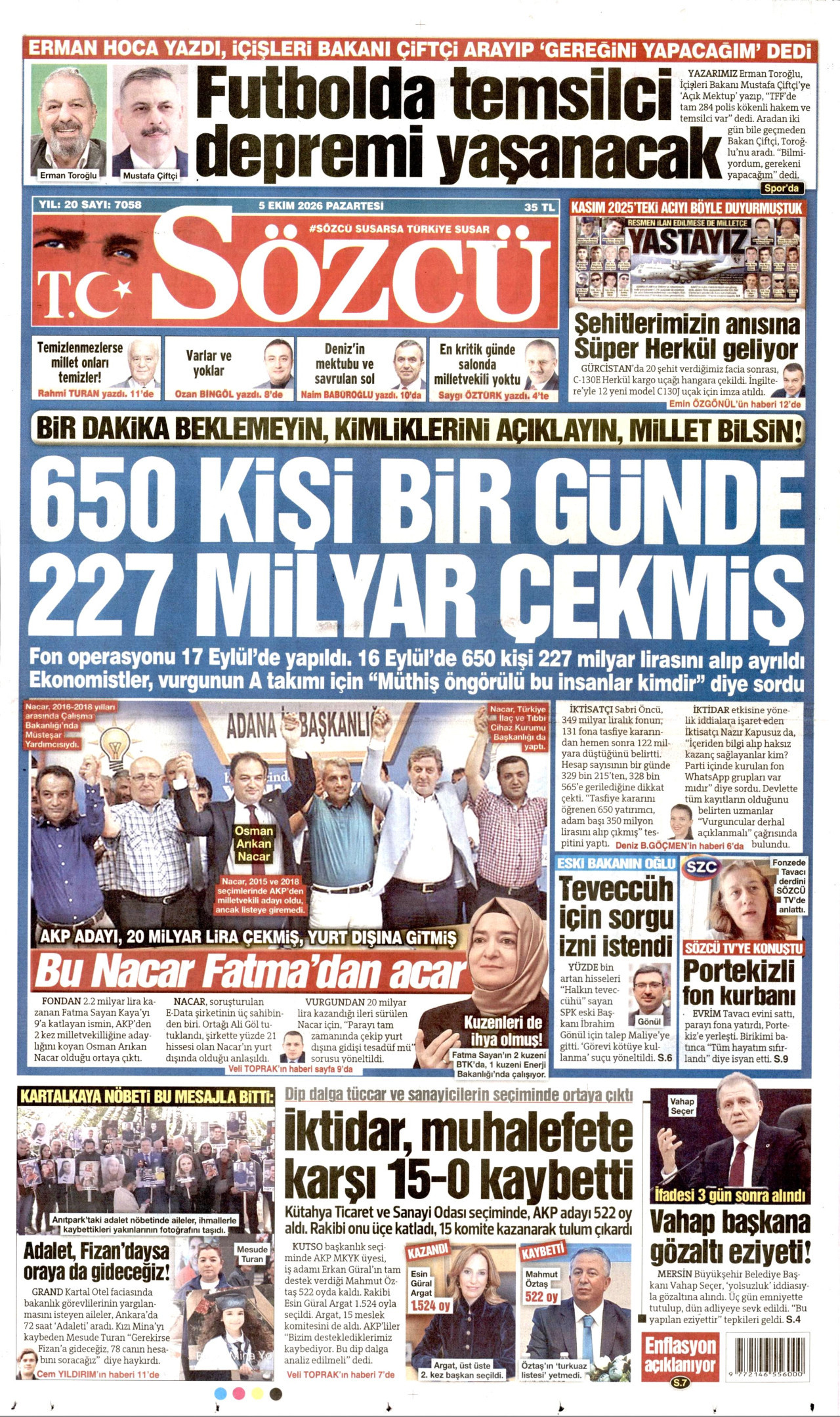 SÖZCÜ gazetesinin 5 Ekim 2026 tarihli birinci sayfası