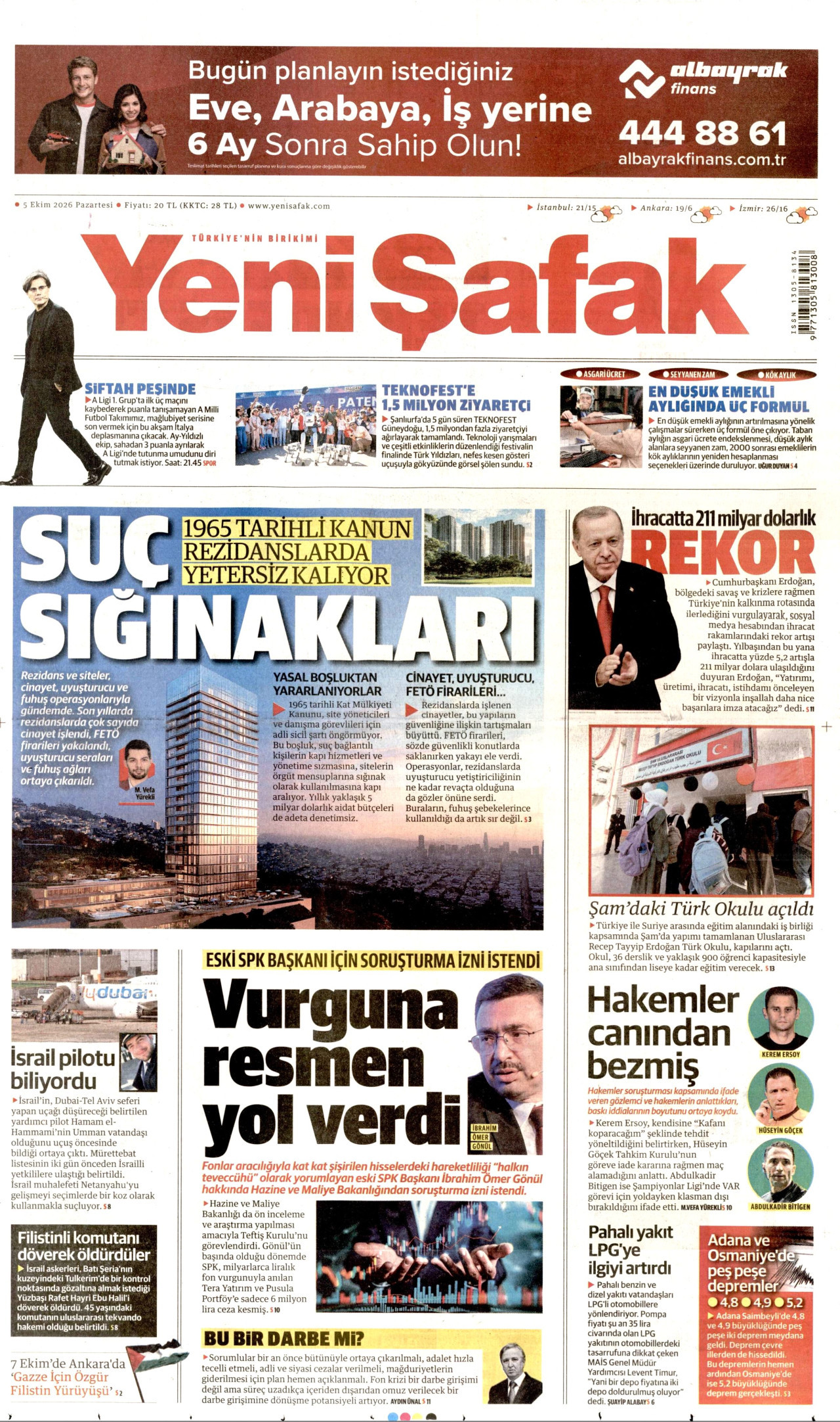 YENİ ŞAFAK gazetesinin 5 Ekim 2026 tarihli birinci sayfası