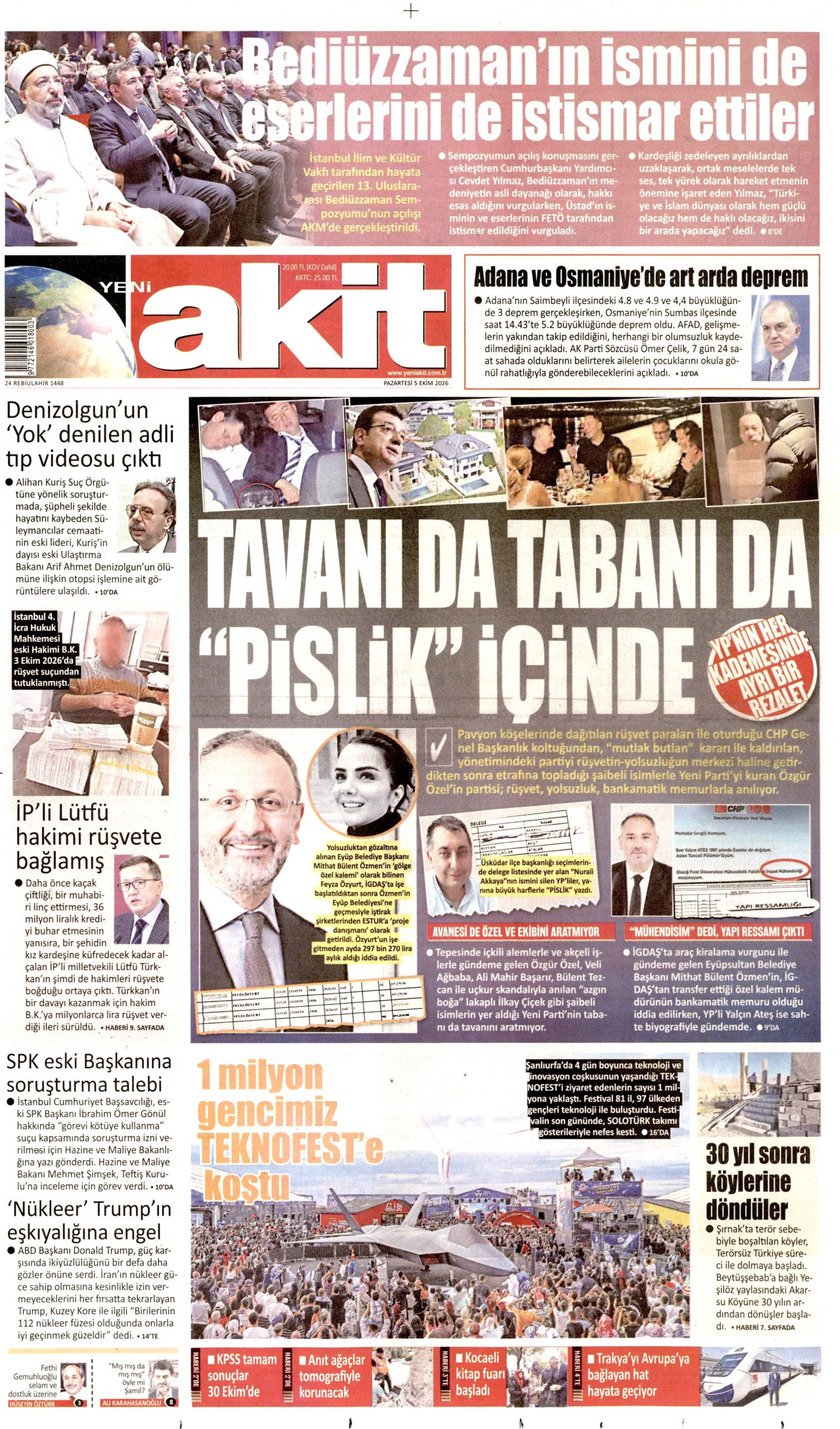 YENİ AKİT gazetesinin 5 Ekim 2026 tarihli birinci sayfası