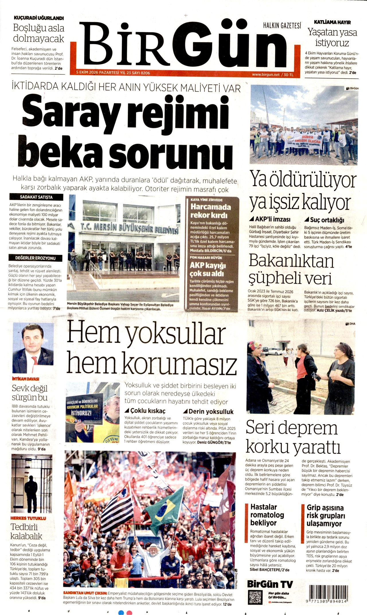 BİRGÜN gazetesinin 5 Ekim 2026 tarihli birinci sayfası