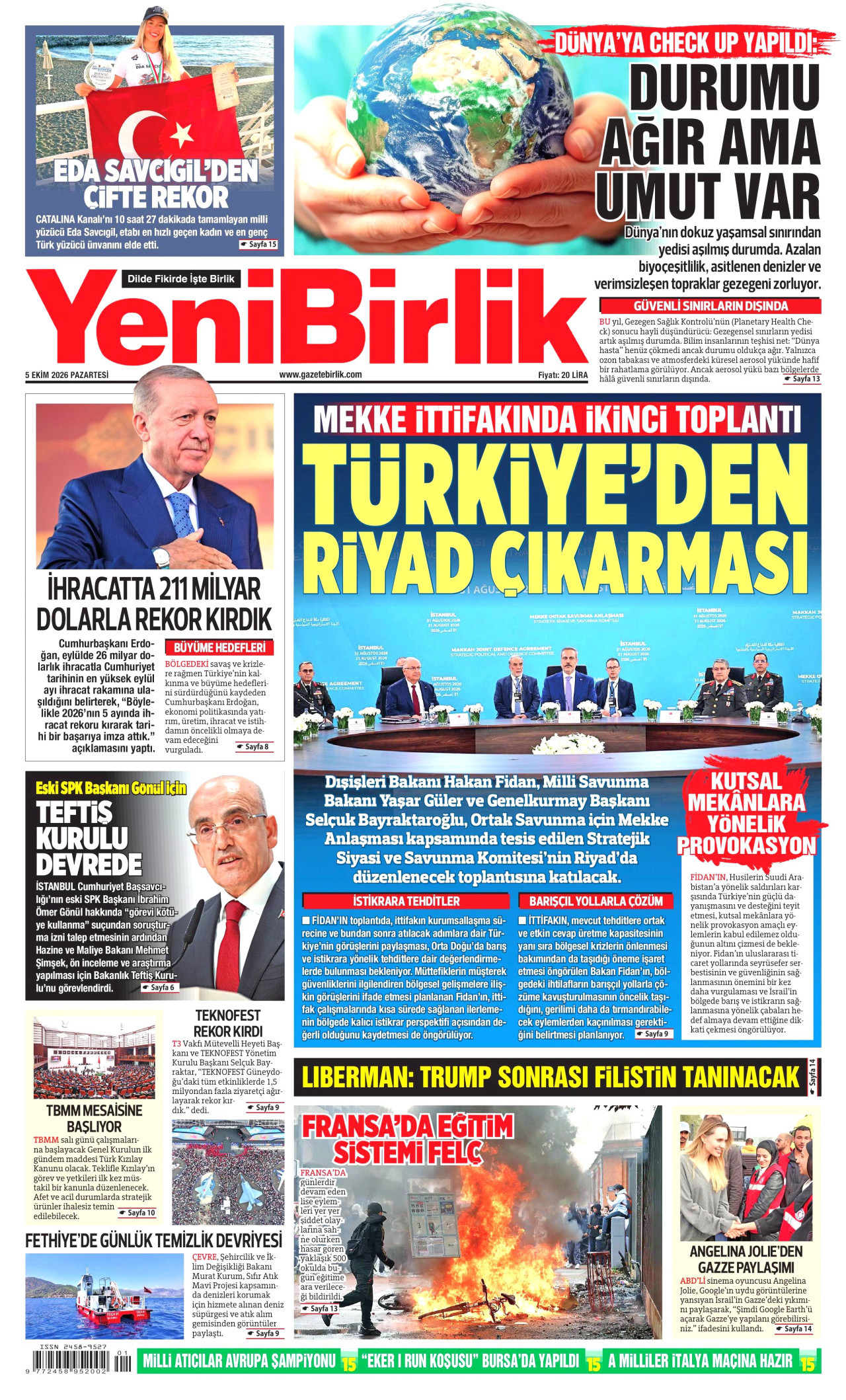 YENİBİRLİK gazetesinin 5 Ekim 2026 tarihli birinci sayfası