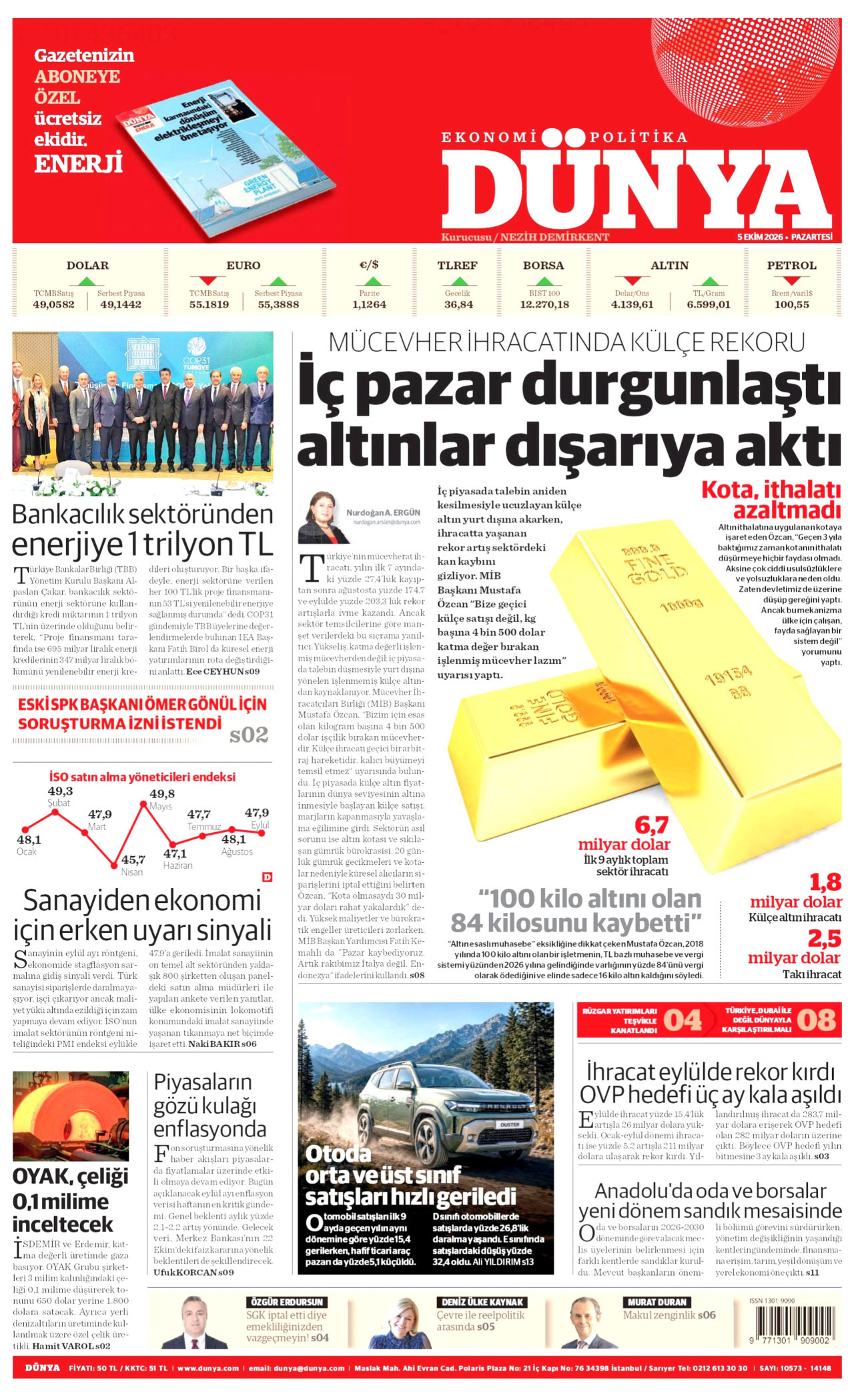DÜNYA gazetesinin 5 Ekim 2026 tarihli birinci sayfası