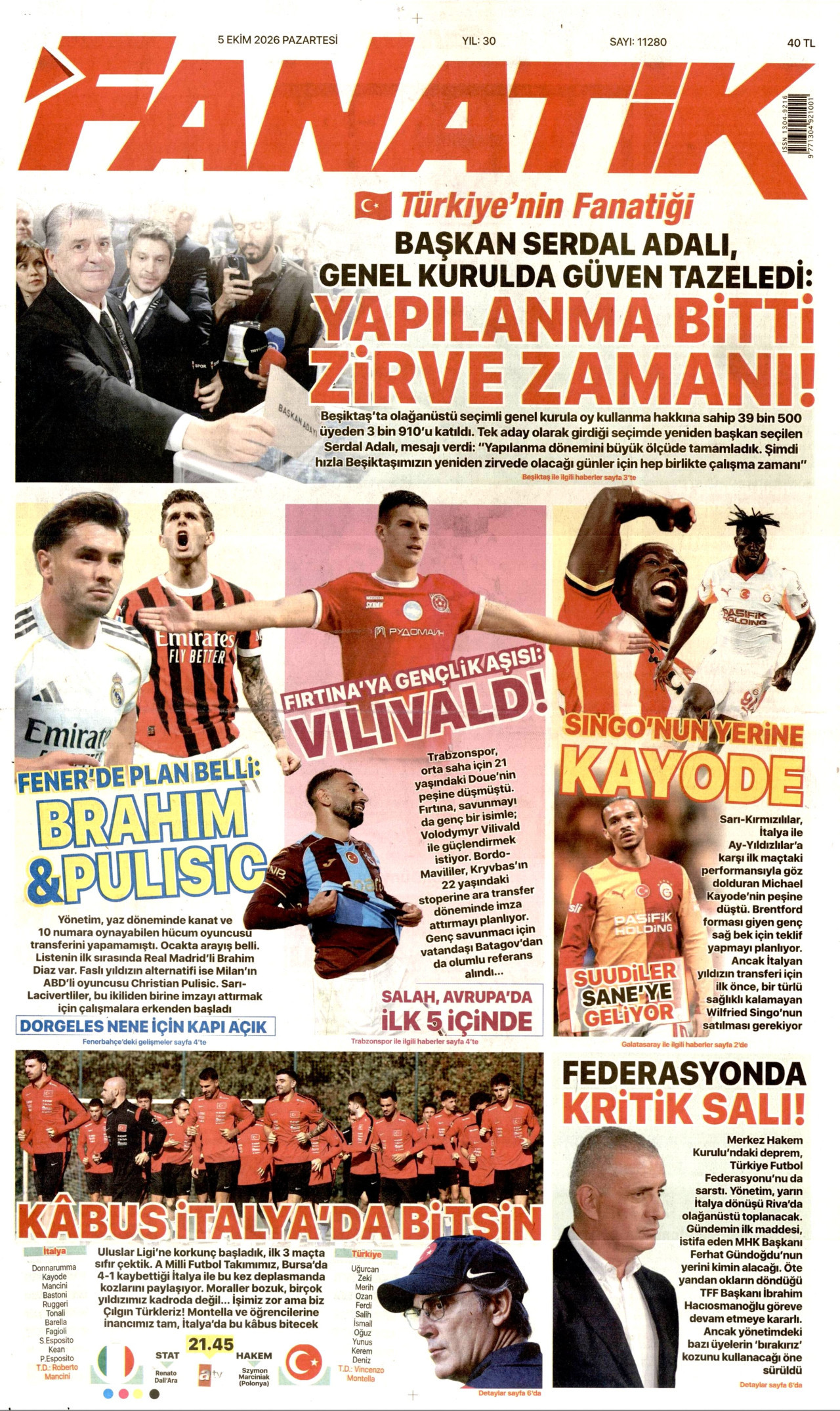 FANATİK gazetesinin 5 Ekim 2026 tarihli birinci sayfası