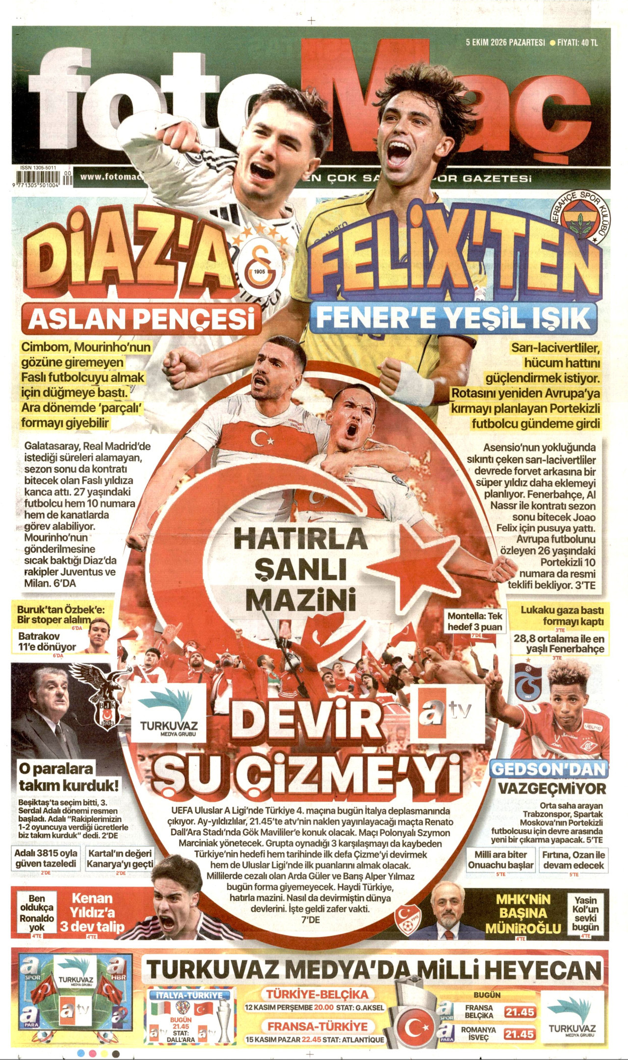 FOTOMAÇ gazetesinin 5 Ekim 2026 tarihli birinci sayfası