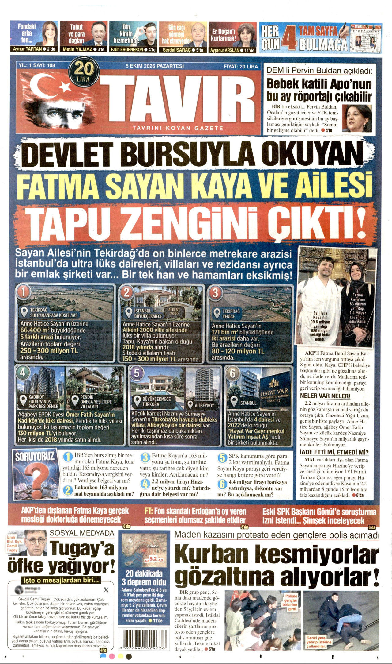 TAVIR GAZETESİ gazetesinin 5 Ekim 2026 tarihli birinci sayfası