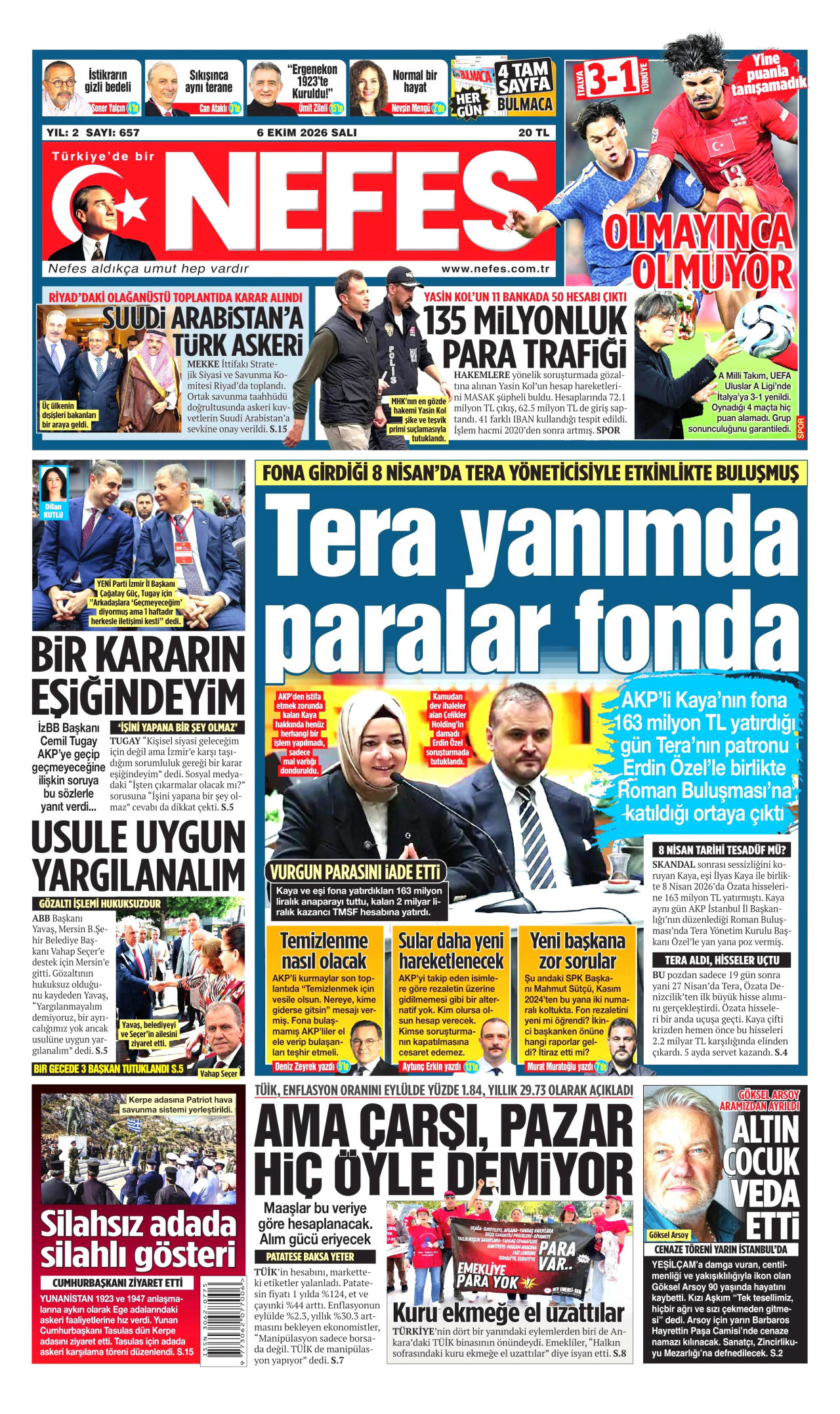 NEFES gazetesinin 6 Ekim 2026 tarihli birinci sayfası