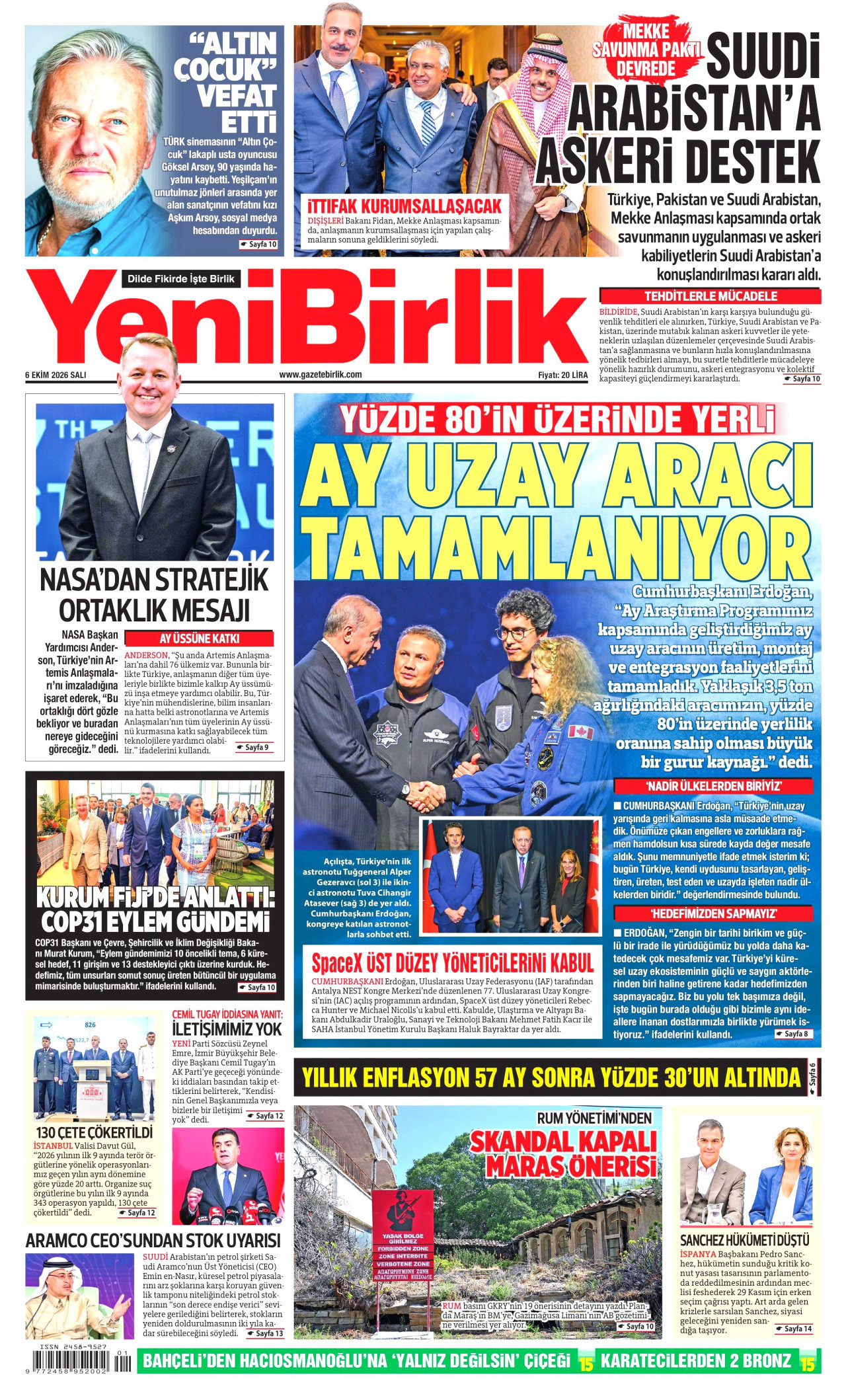 YENİBİRLİK gazetesinin 6 Ekim 2026 tarihli birinci sayfası