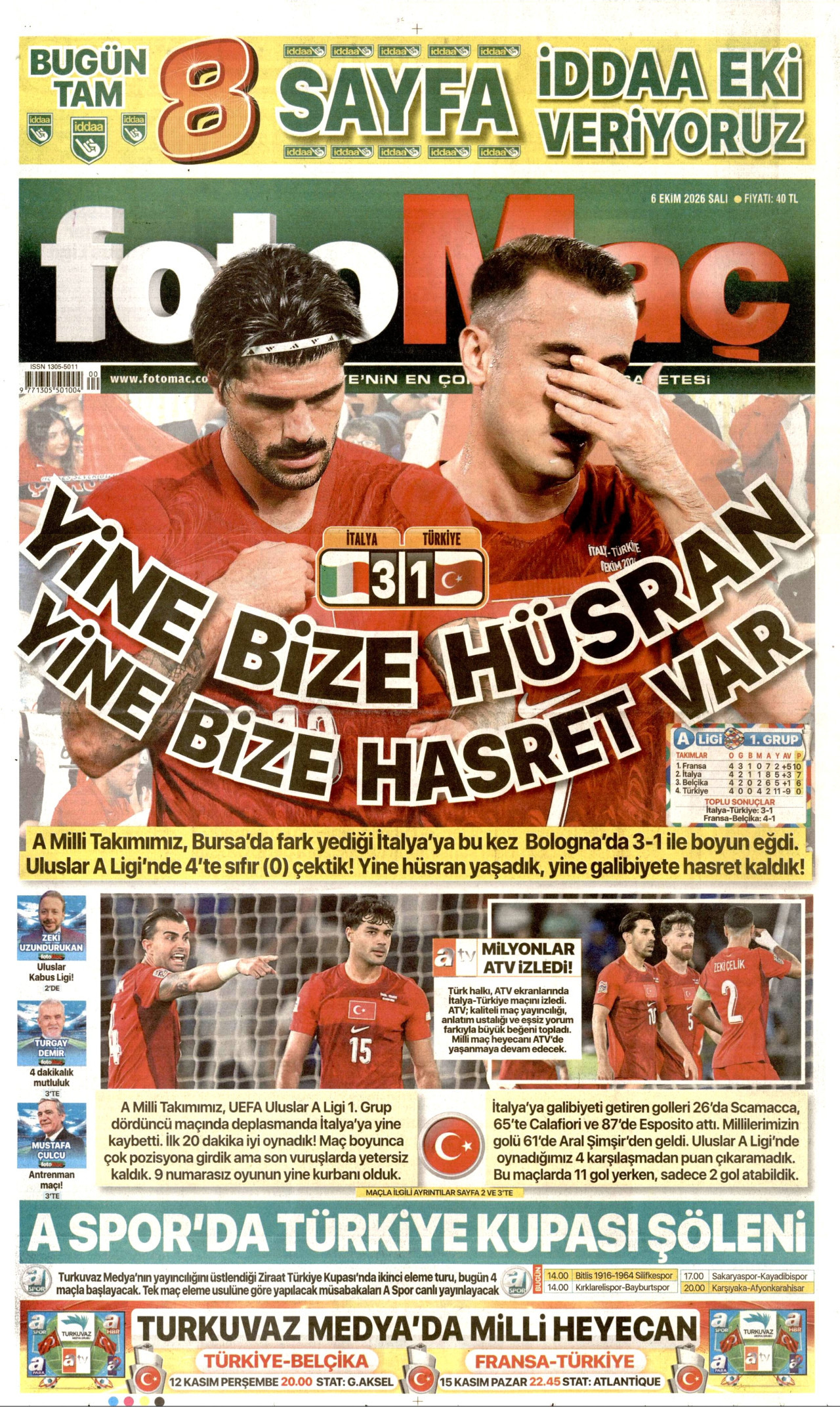 FOTOMAÇ gazetesinin 6 Ekim 2026 tarihli birinci sayfası
