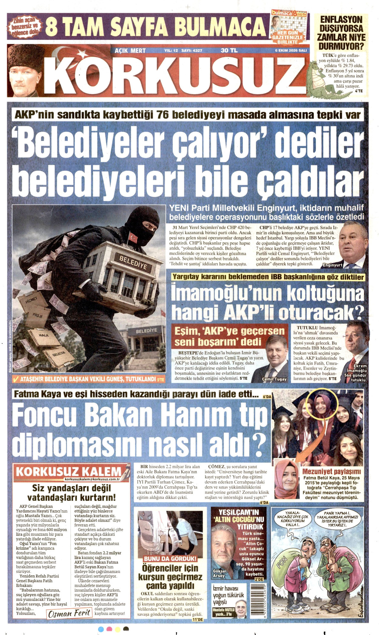 KORKUSUZ gazetesinin 6 Ekim 2026 tarihli birinci sayfası