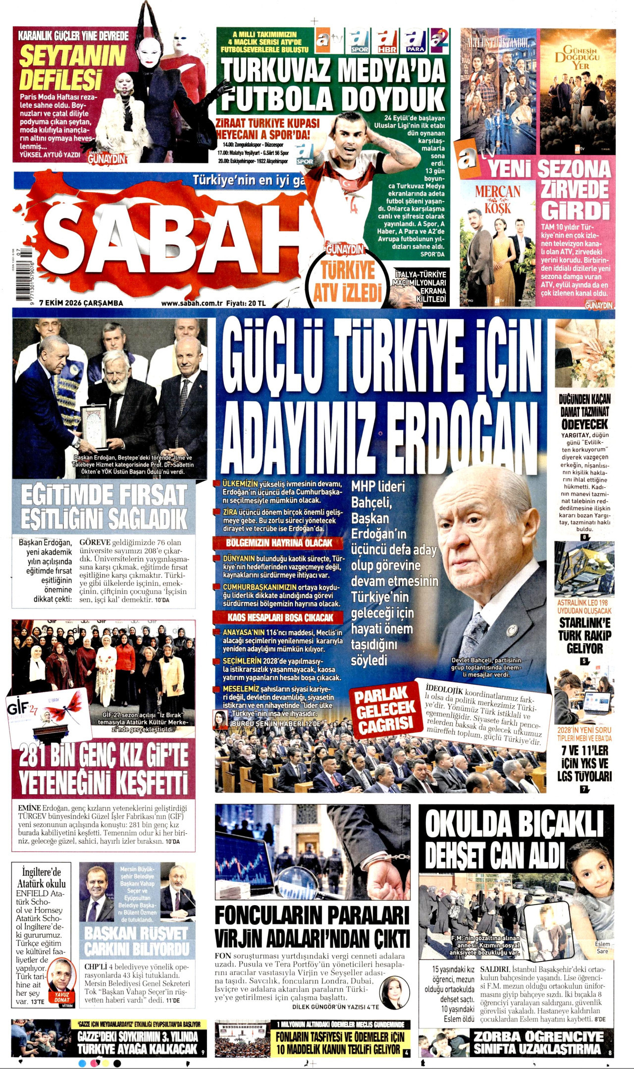 SABAH gazetesinin 7 Ekim 2026 tarihli birinci sayfası