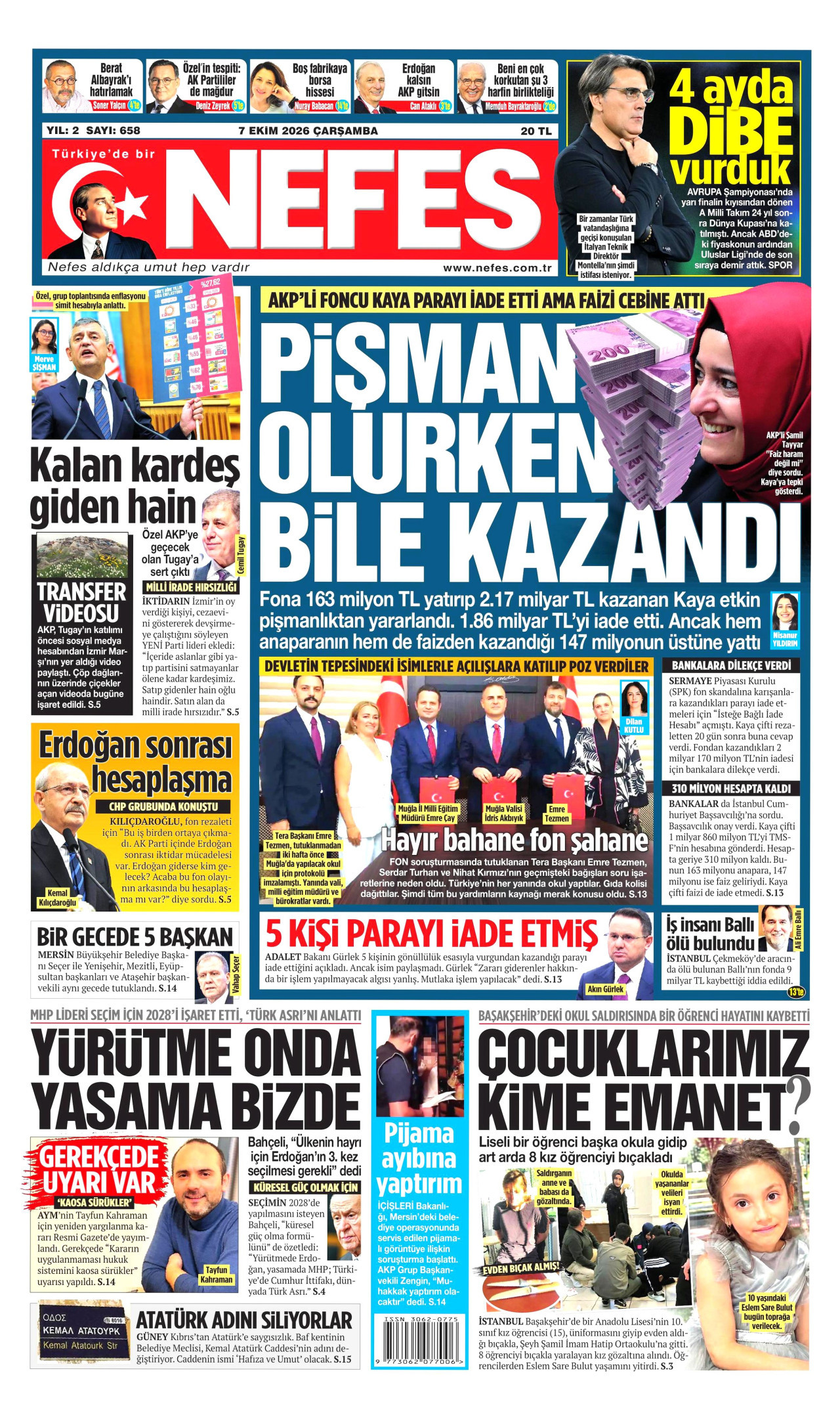 NEFES gazetesinin 7 Ekim 2026 tarihli birinci sayfası