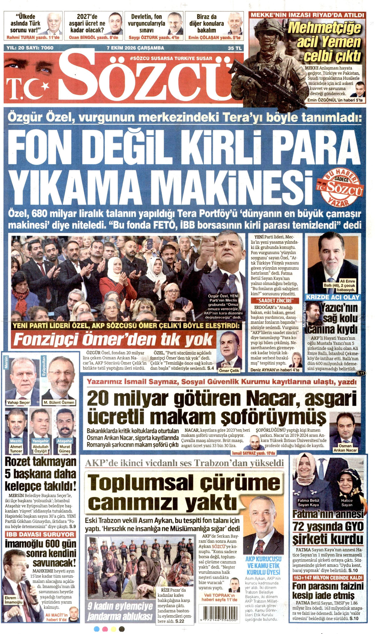 SÖZCÜ gazetesinin 7 Ekim 2026 tarihli birinci sayfası