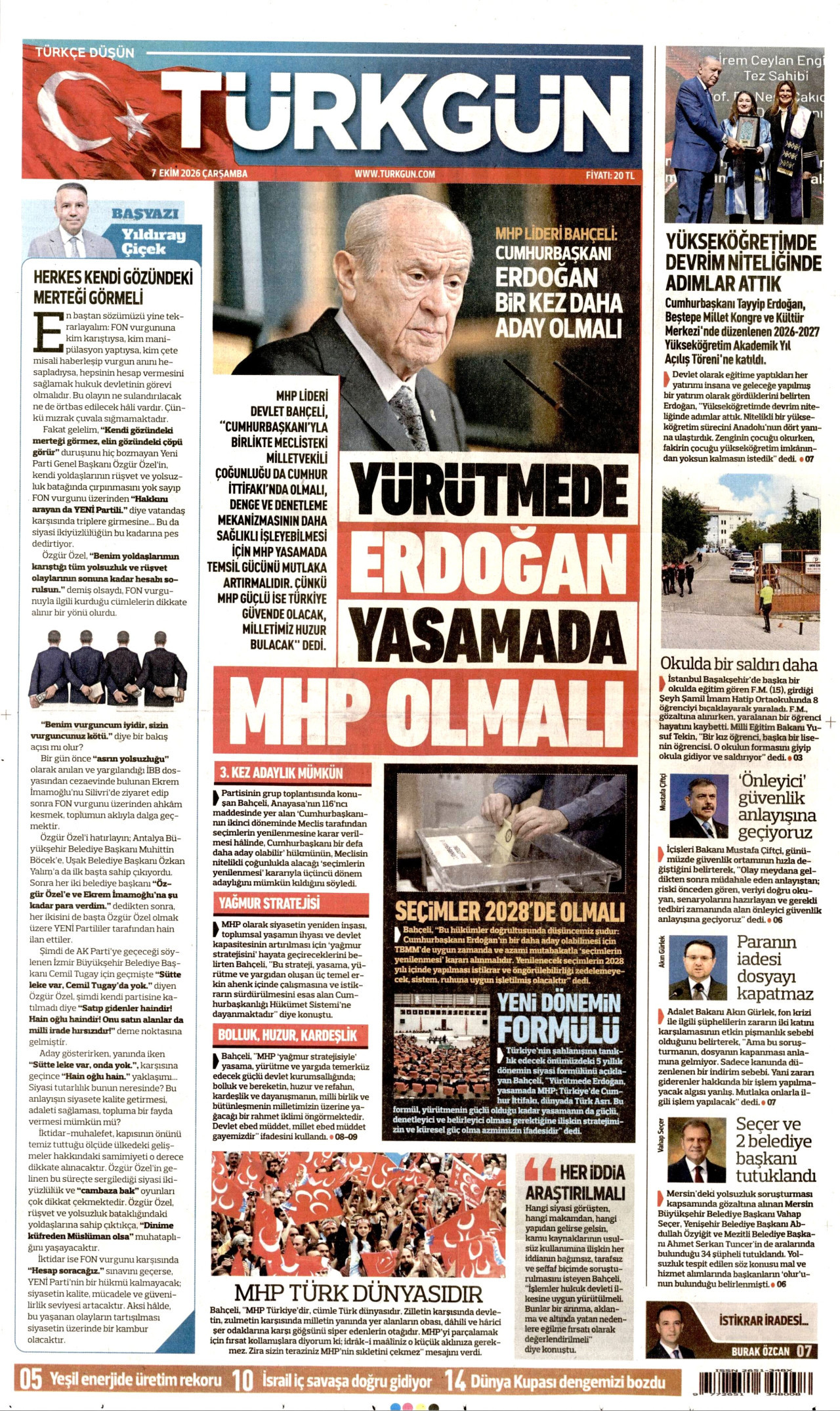 TÜRKGÜN gazetesinin 7 Ekim 2026 tarihli birinci sayfası