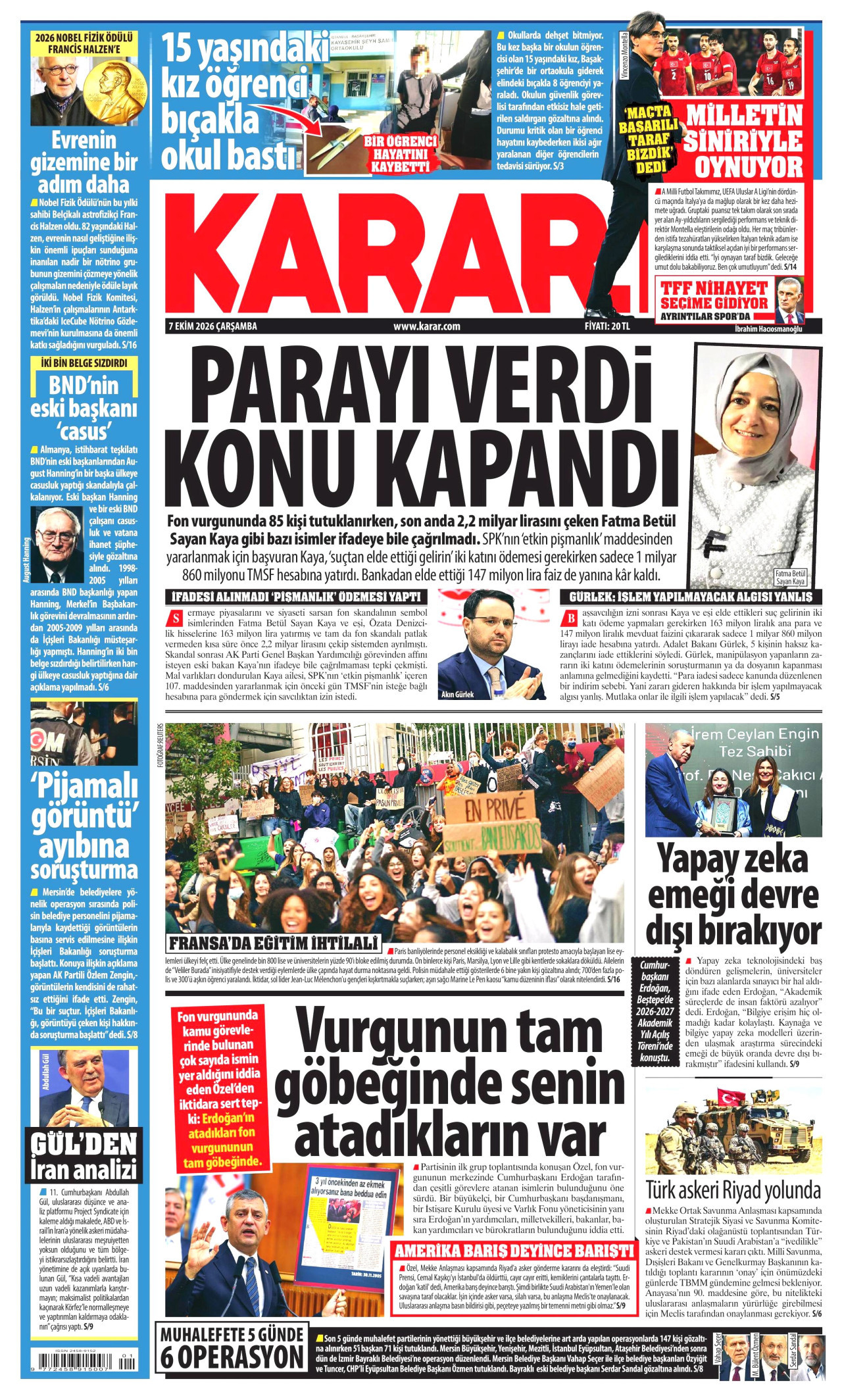KARAR gazetesinin 7 Ekim 2026 tarihli birinci sayfası