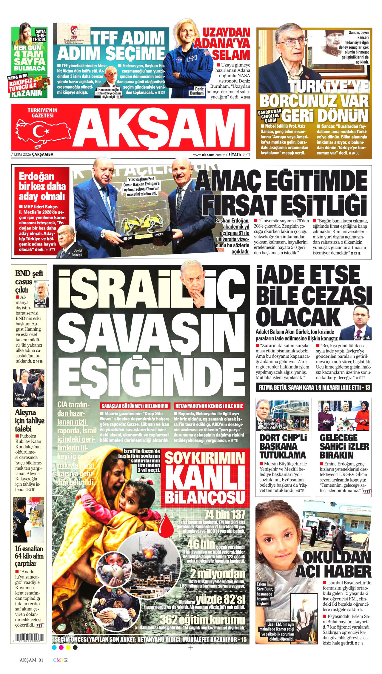 AKŞAM gazetesinin 7 Ekim 2026 tarihli birinci sayfası