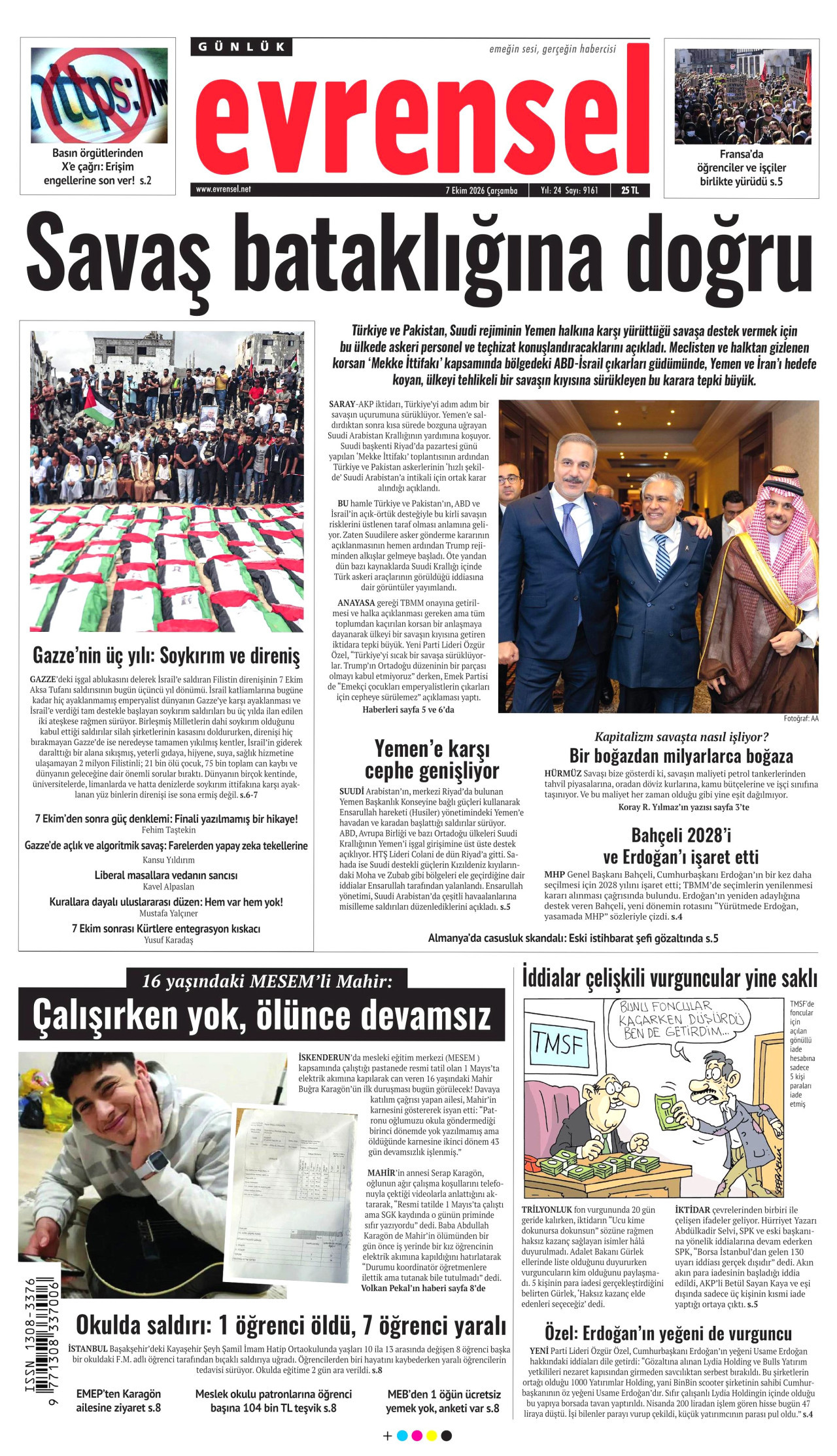 EVRENSEL gazetesinin 7 Ekim 2026 tarihli birinci sayfası