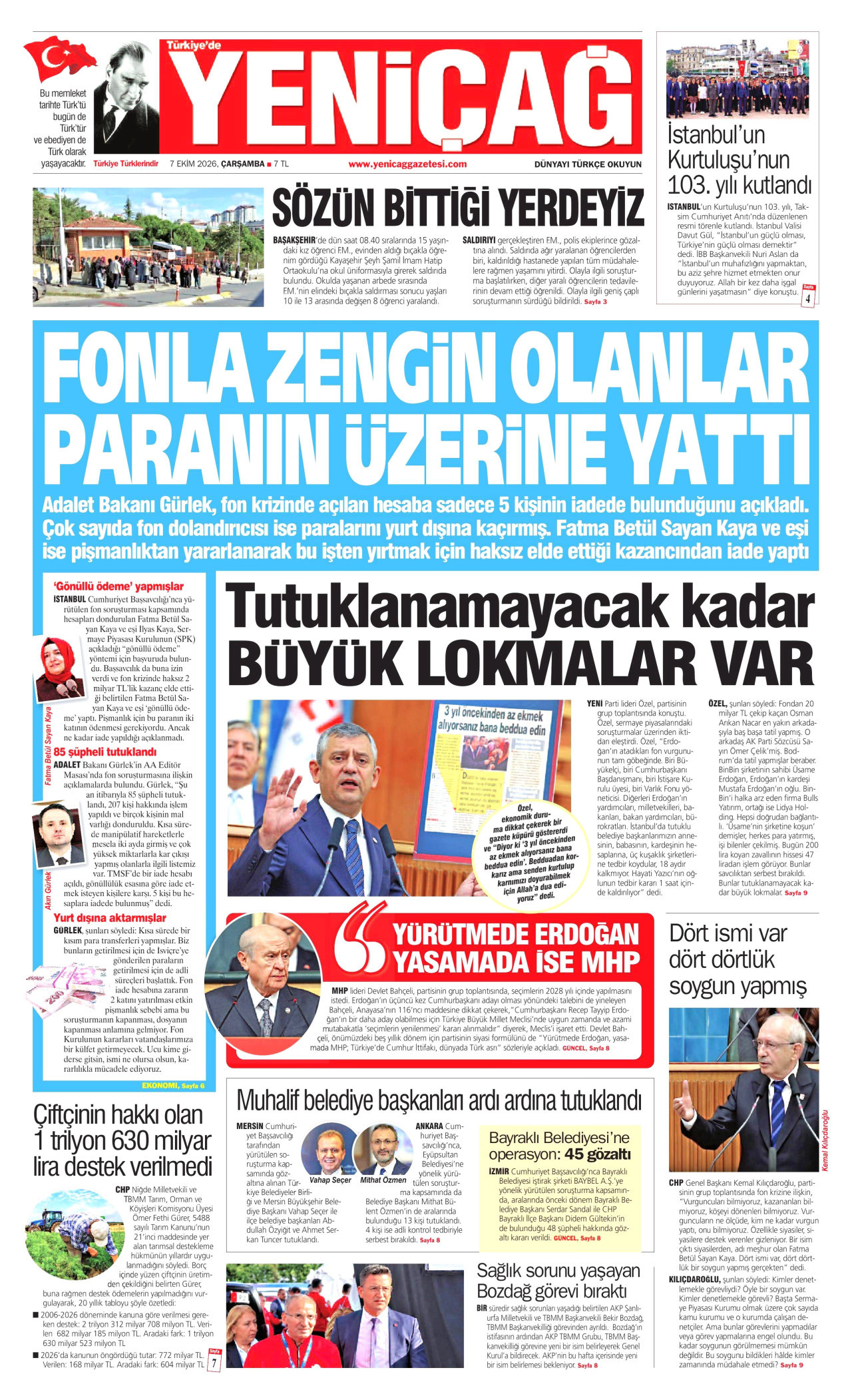 YENİÇAĞ gazetesinin 7 Ekim 2026 tarihli birinci sayfası
