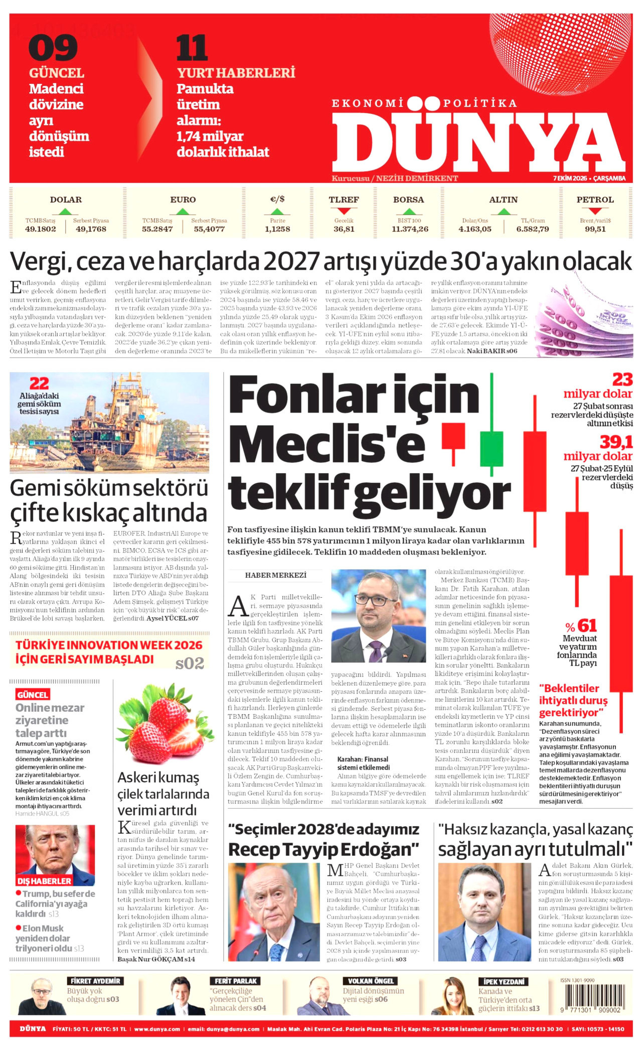 DÜNYA gazetesinin 7 Ekim 2026 tarihli birinci sayfası