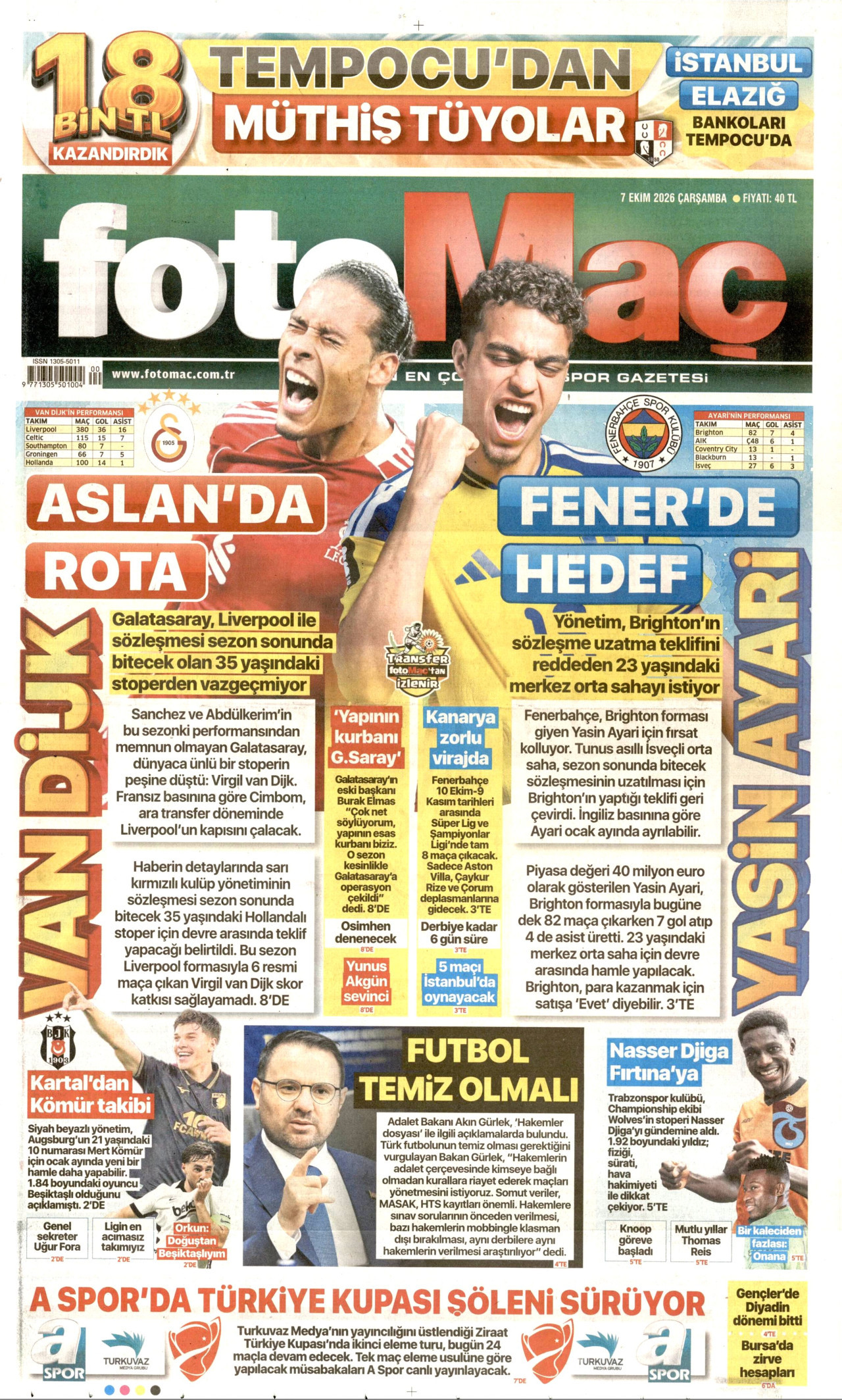 FOTOMAÇ gazetesinin 7 Ekim 2026 tarihli birinci sayfası