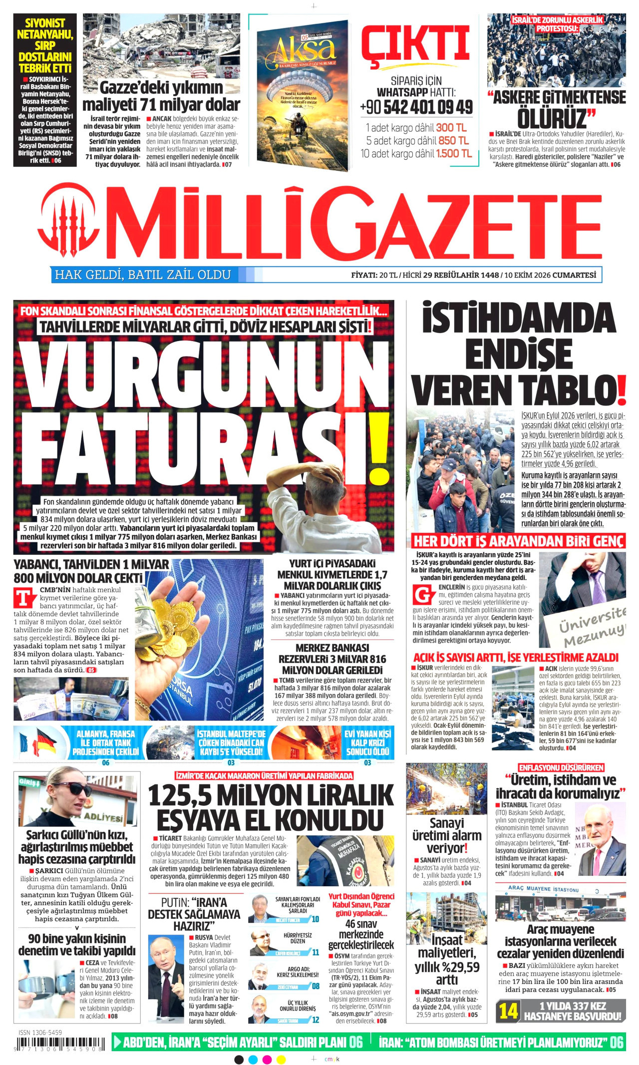 MİLLİ GAZETE gazetesinin 10 Ekim 2026 tarihli birinci sayfası